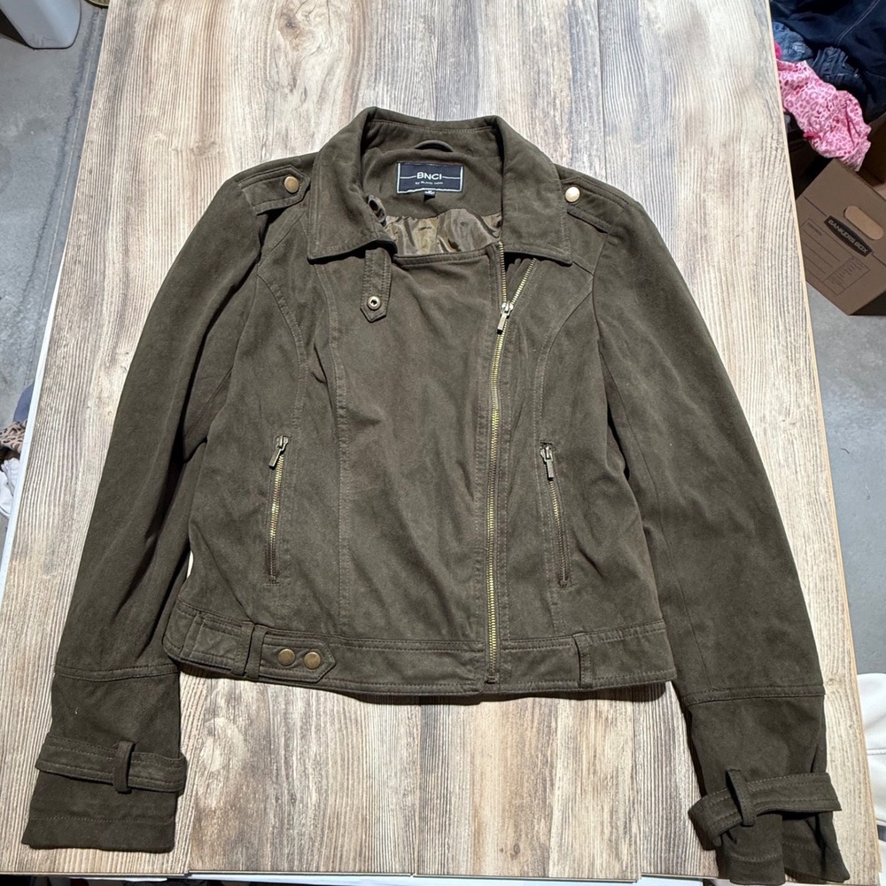 BNCI by Blanc Noir Womens Olive Green Faux Suede Moto Jacket Medium